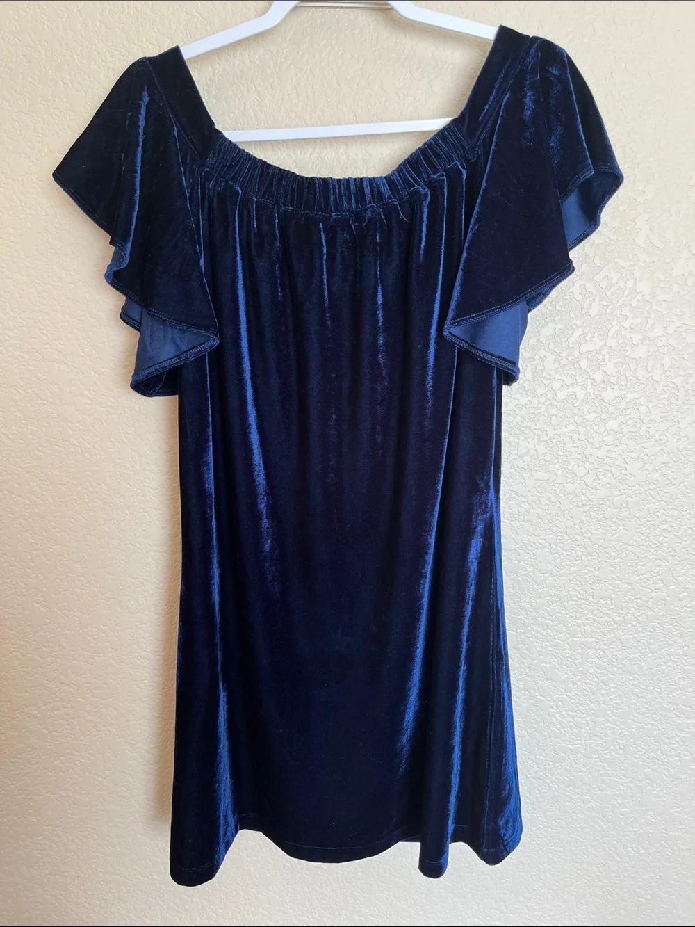 Boston Proper royal blue velvet off the shoulder dress
